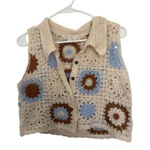 Rebellion Crotchet Boho-Style vest with button front floral grannycore square